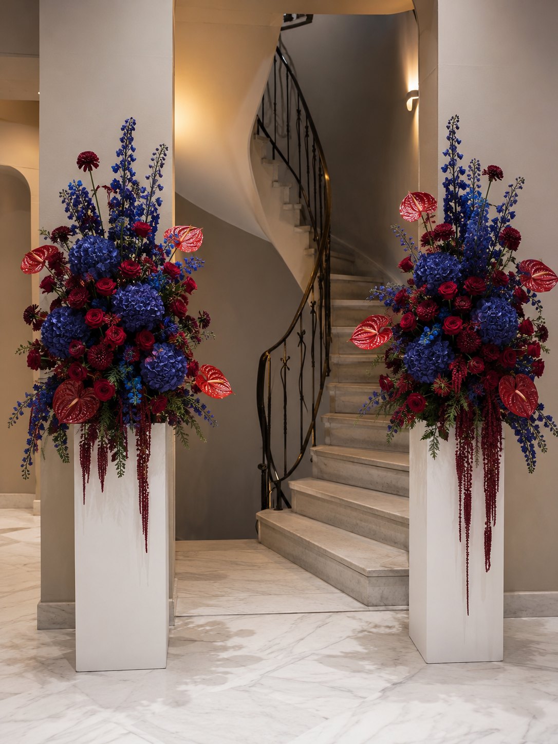 Tall blue hydrangea, red rose and anthurium arrangements flanking a marble staircase entrance
