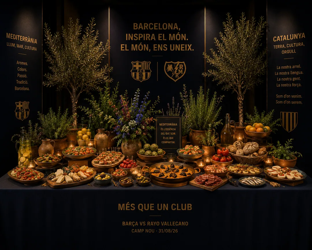 Concept render of a Mediterranean catering installation with Barcelona and Catalonia banners